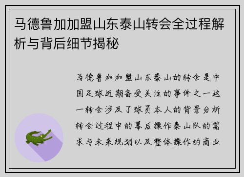 马德鲁加加盟山东泰山转会全过程解析与背后细节揭秘