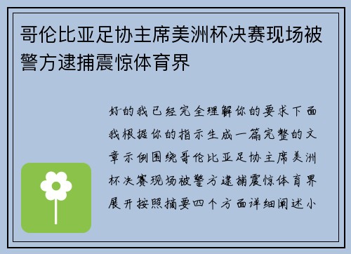 哥伦比亚足协主席美洲杯决赛现场被警方逮捕震惊体育界