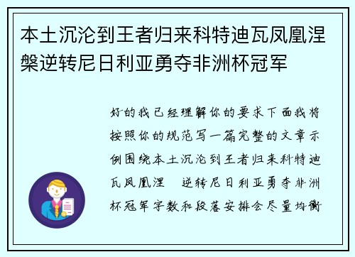 本土沉沦到王者归来科特迪瓦凤凰涅槃逆转尼日利亚勇夺非洲杯冠军